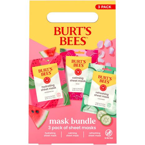 Burt's Bees Sheet Mask Bundle, Hydrating Watermelon, Calming Rose, Refreshing Cucumber; 99% Natural Origin, Single Use