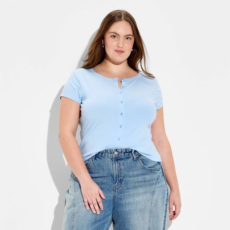 Wild Fable Women's Cap Sleeve Round Neck Button-Down Shirt, XXL - Light Blue