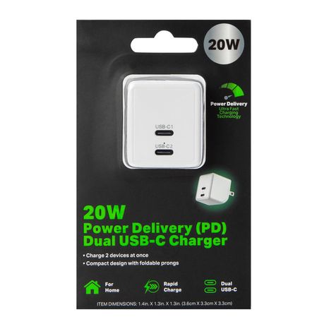 Five Below 20W Power Delivery Dual USB-C Charger, Large - White