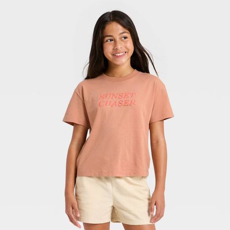 Cat & Jack Girls' Short Sleeve 'Sunset Chaser' Graphic T-Shirt, XS - Light Brown