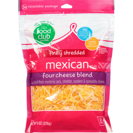 Food Club Finely Shredded Cheese, Four Cheese Blend, Mexican Style