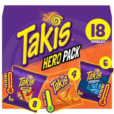 Takis 18 pc / 1 oz Hero Variety Pack, Assorted Flavored Mixed Rolled Tortilla Chips – (8) Fuego 1 oz, (6) Blue Heat 1 oz, (4) Intense Nacho 1 oz