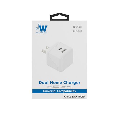Just Wireless 2-Port USB-A and USB-C Home Charger, White