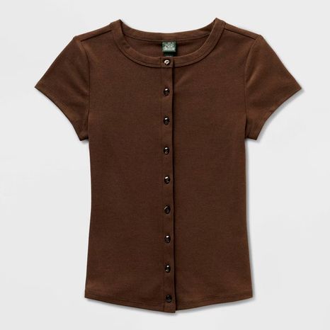 Wild Fable Women's Cap Sleeve Round Neck Button-Down Shirt, XL - Brown