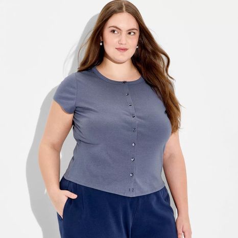 Wild Fable Women's Cap Sleeve Round Neck Button-Down Shirt, 1X - Dark Blue