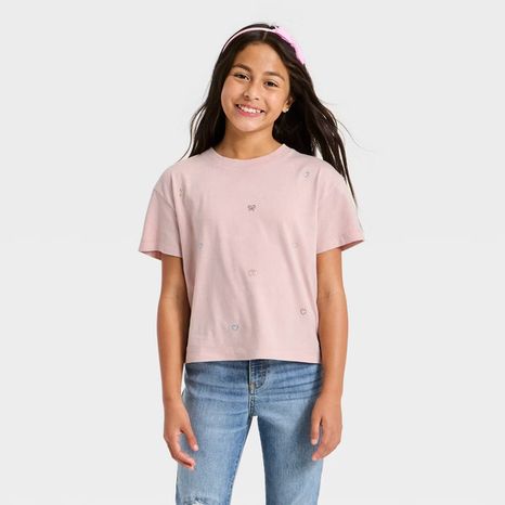 Cat & Jack Girls' Short Sleeve Rhinestone T-Shirt, XS - Ballet Pink