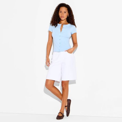 Wild Fable Women's Cap Sleeve Round Neck Button-Down Shirt, L - Light Blue