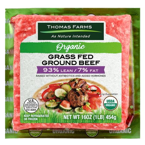 Thomas Farms Organic Grass Fed Ground Beef, 93% Lean 7% Fat