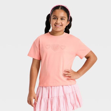 Cat & Jack Girls' Short Sleeve Hearts T-Shirt, S - Peach Pink