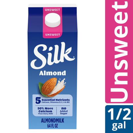 Silk Almond Milk, Unsweet, Dairy Free, Gluten Free, Seriously Creamy Vegan Plant Based Milk with 5 Essential Nutrients, 64 fl oz Half Gallon