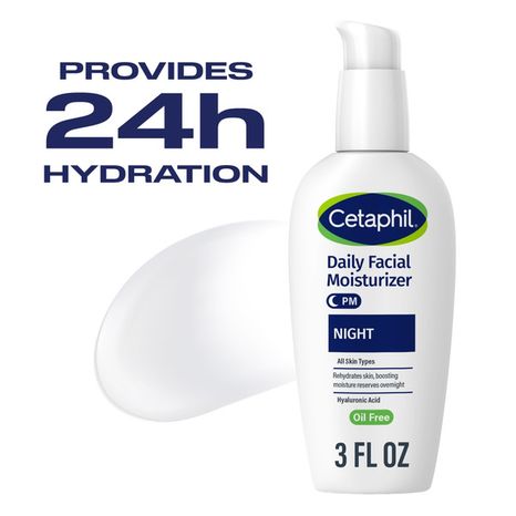 Cetaphil Daily Facial Moisturizer Night | Lightweight Lotion for All Skin Types | 3 fl oz | Hyaluronic Acid | 24 Hour Hydration | Boosts Moisture Reserves Overnight | Dermatologist Recommended Brand