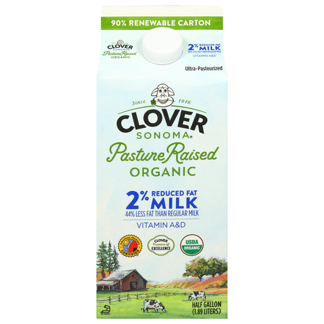 Clover Sonoma Pasture-Raised Organic 2% Reduced Fat Milk Ultra-Pasteurized Half Gallon