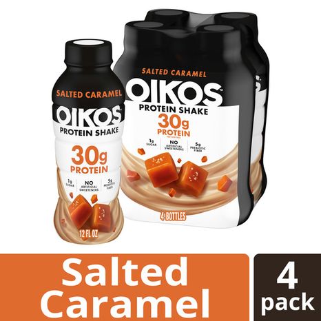 Oikos Protein Shake, Salted Caramel, 30g High Protein Drinks, Shelf Stable, Ready to Drink, 5g Prebiotic Fiber, 12 fl oz Bottle, 4 Count