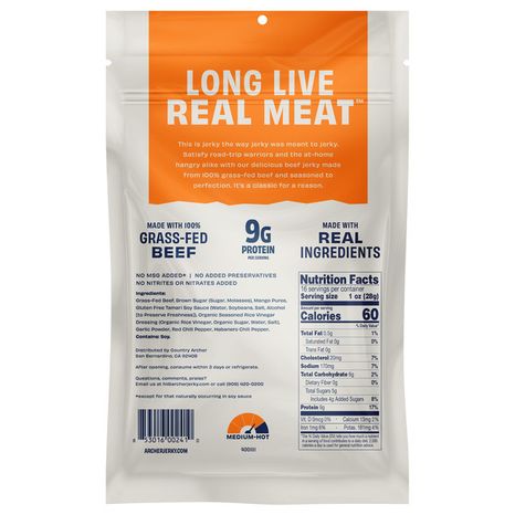Country Archer Beef Jerky, Mango Habanero, Grass Fed