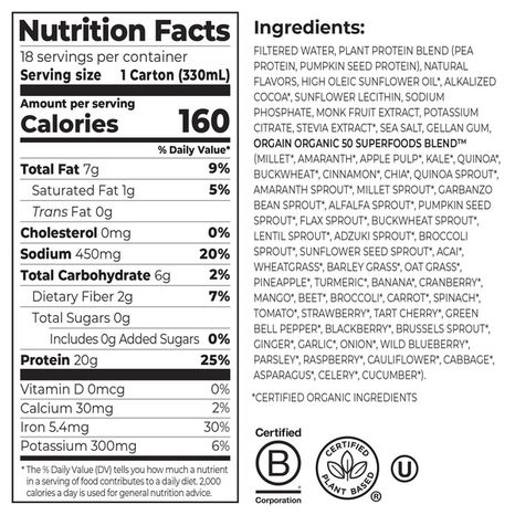 Orgain 20g Plant Based Protein Shake + 50 Superfoods, Creamy Chocolate