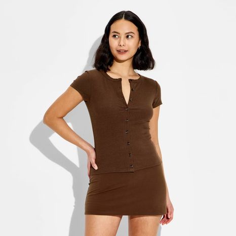 Wild Fable Women's Cap Sleeve Round Neck Button-Down Shirt, L - Brown