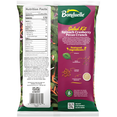 Bonduelle Spinach Cranberry Pecan Crunch, Country Dijon Dressing Salad Kit