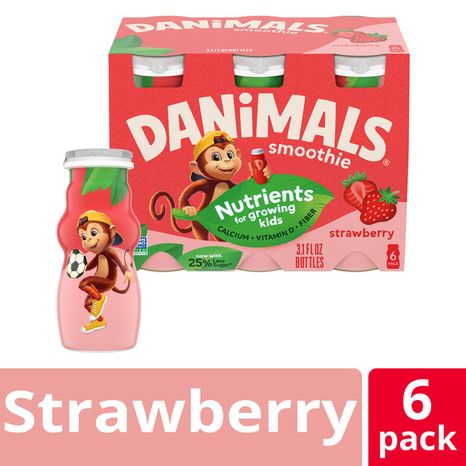 Danimals Smoothie Strawberry Low Fat Dairy Drink Multi-Pack, Creamy and Delicious Snacks for Kids, 6 Ct, 3.1 fl oz Smoothie Bottles