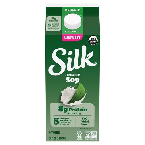 Silk Soy Milk, Unsweet Organic, Dairy Free, Gluten Free, Delicious Vegan Plant Based Milk with No Added Sugar and 5 Essential Nutrients, 64 fl oz Half Gallon