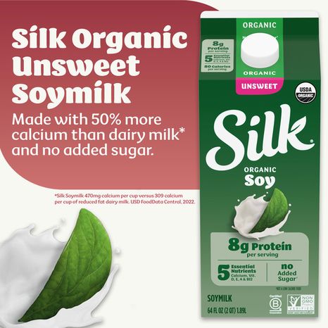 Silk Soy Milk, Unsweet Organic, Dairy Free, Gluten Free, Delicious Vegan Plant Based Milk with No Added Sugar and 5 Essential Nutrients, 64 fl oz Half Gallon