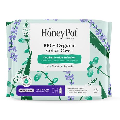 The Honey Pot Company Organic Cotton Cover, Herbal Overnight, Heavy Flow Pads