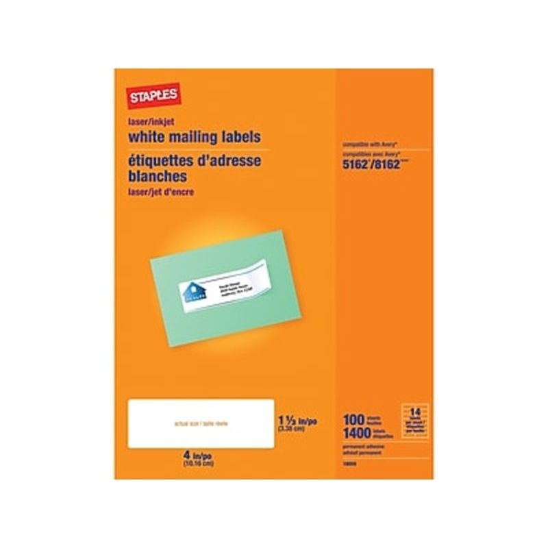 Staples Laser/Inkjet Address Labels, 1 1/3" X 4", White, 14 Labels