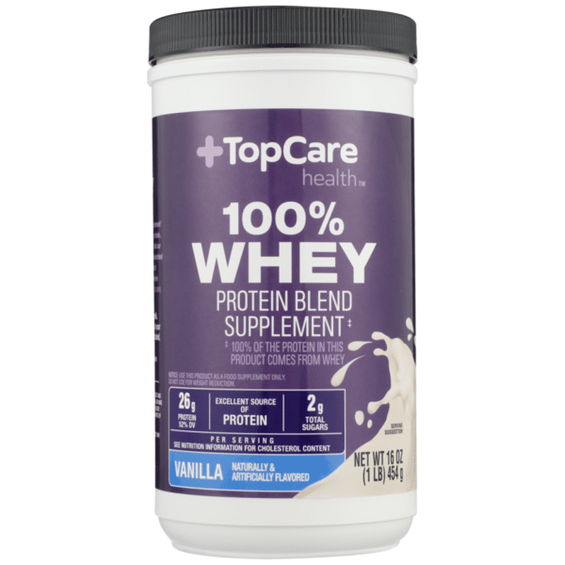 Top Care 100 Whey Protein 26 G Blend Supplement Powder, Vanilla (16 oz