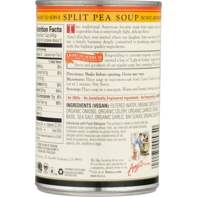 Amy's Organic Split Pea Soup, Light in Sodium, Low Fat, Gluten free, 14