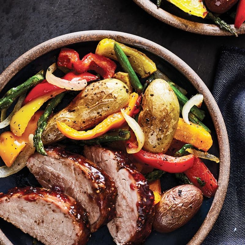 Southwest Pork With Rasp. Sauce, Potatoes, Asparagus