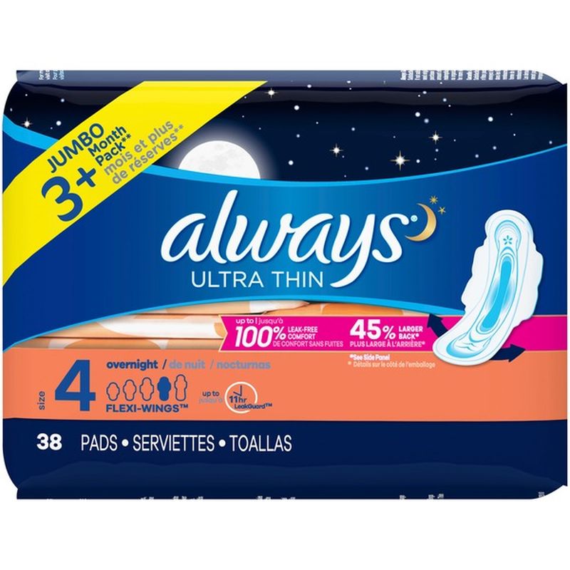 Always Pads Size 4 Overnight Absorbency Unscented With Wings (38 ct