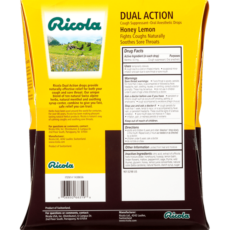 Ricola Cough Suppressant + Oral Anesthetic Drops, Dual Action, Honey