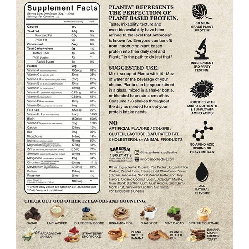 Ambrosia Collective 25 Servings Planta Plant Protein Peanut Butter