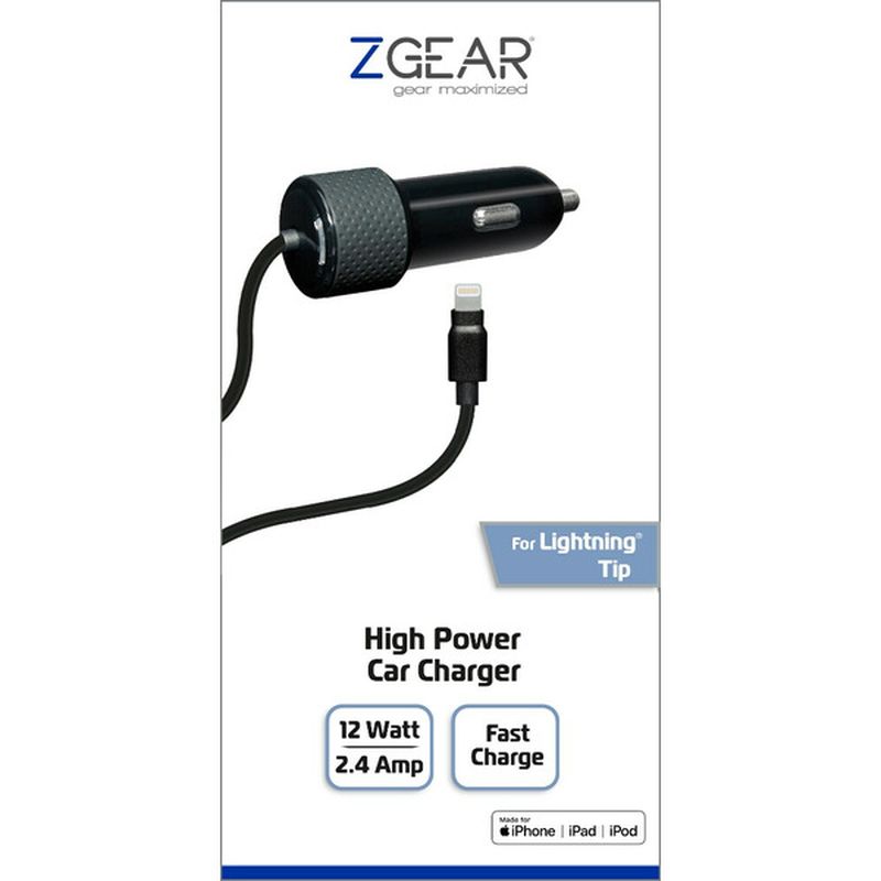 Z Gear Black 12 Watt 2.4 Amp High Power Car Charger With Lightning Tip