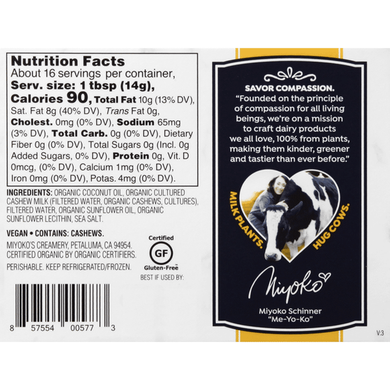 Miyokos Creamery Butter, Cultured Vegan, Hint of Sea Salt, European Style