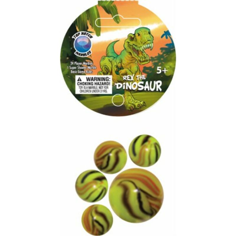 Mega Fun 25 Piece Green Orange Black Top Notch Marbles Rex the Dinosaur Marble Game