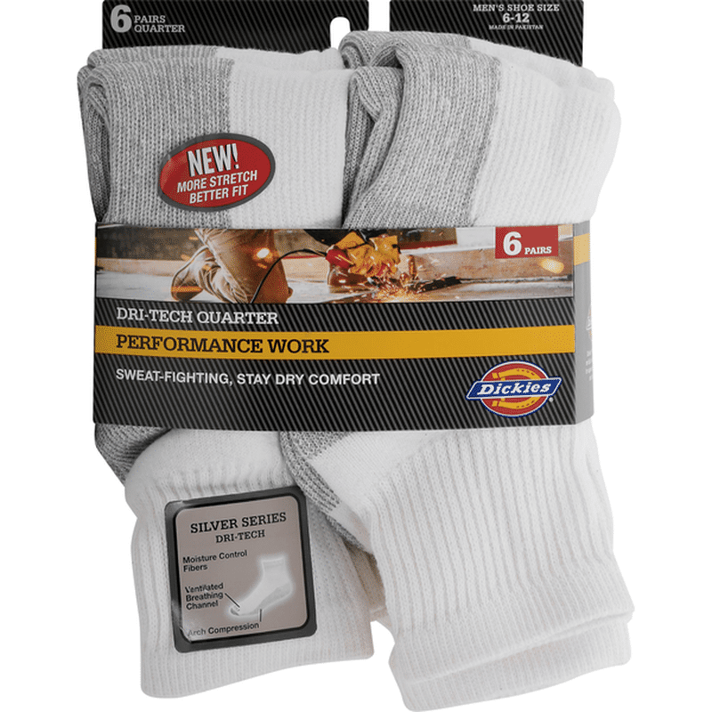 Dickies Socks, White, DriTech Quarter, Men's (6 pairs) Instacart