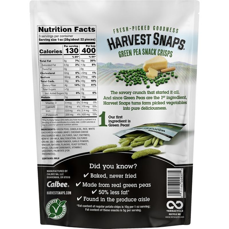 Harvest Snaps Green Pea Snack Crisps, White Cheddar, Sharp & Creamy (1 ...
