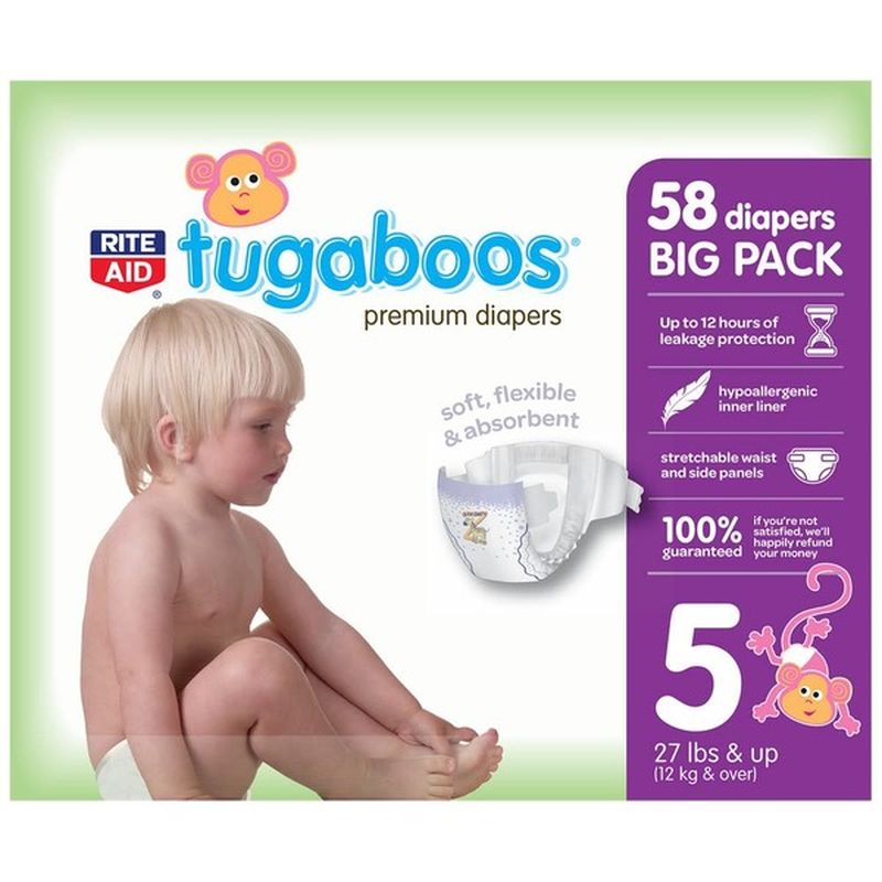 Rite Aid Tugaboos Premium Diapers, Big Pack, Size 5, 58ct (4.767 lb