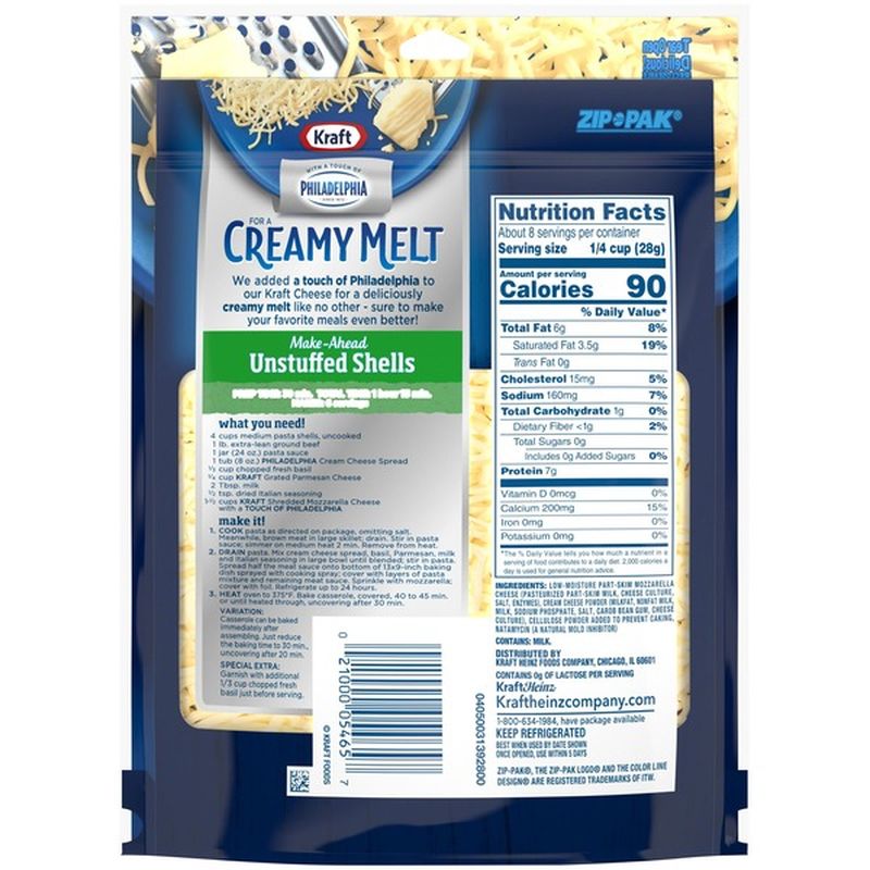 Kraft Shredded Mozzarella Cheese With A Touch Of Philadelphia 8 Oz