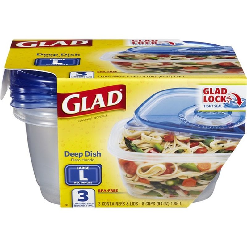 Glad Containers & Lids, Deep Dish, Large Rectangle, 8 Cups (3 each