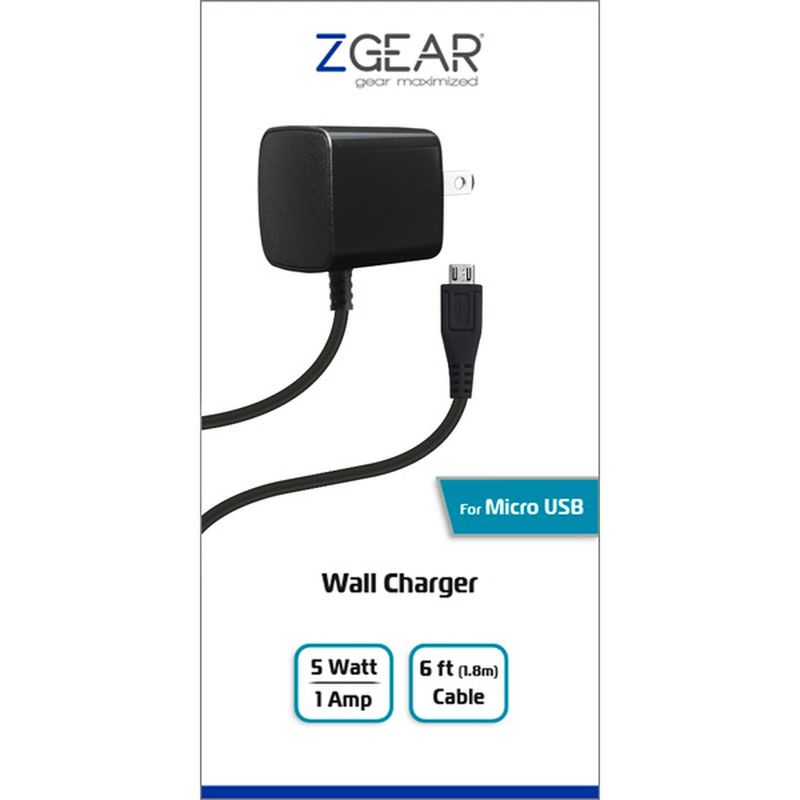 Z Gear 6' 5 Watt 1 Amp Black Micro USB Wall Charger