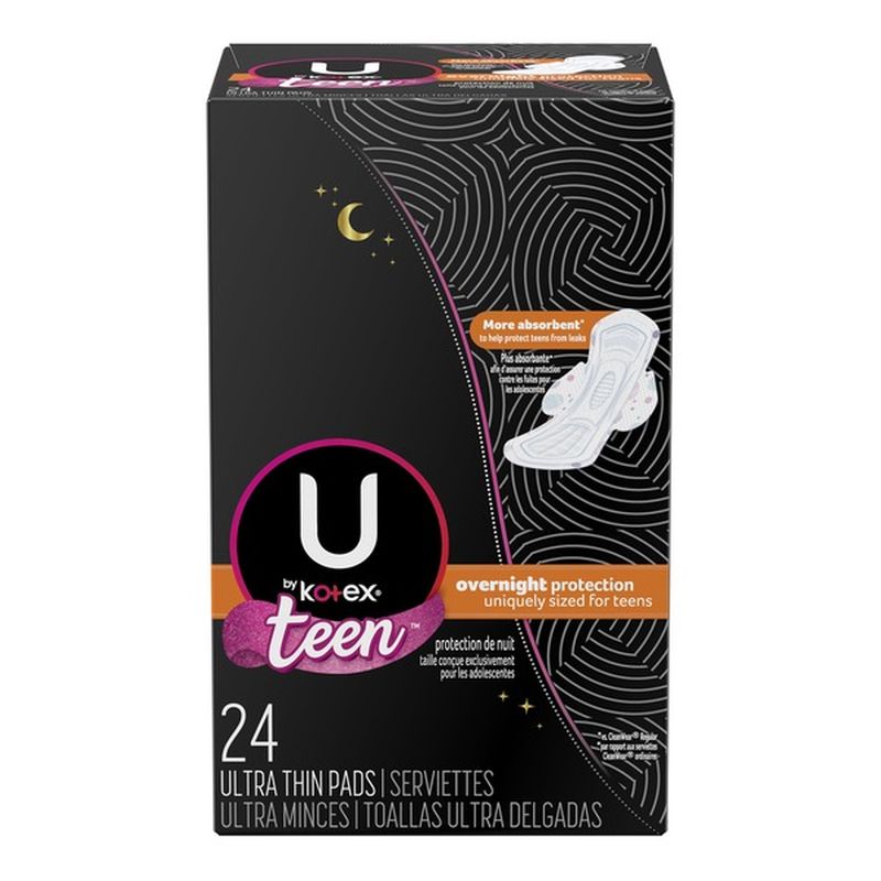 U By Kotex Ultra Thin Teen Pads With Wings Overnight Protection Unscented 24 Each Instacart