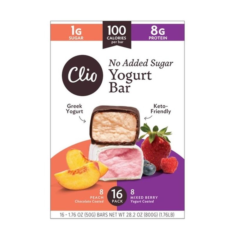 clio Yogurt Bar, No Sugar Added, Peach/Mixed Berry, 16 Pack (1.76 oz