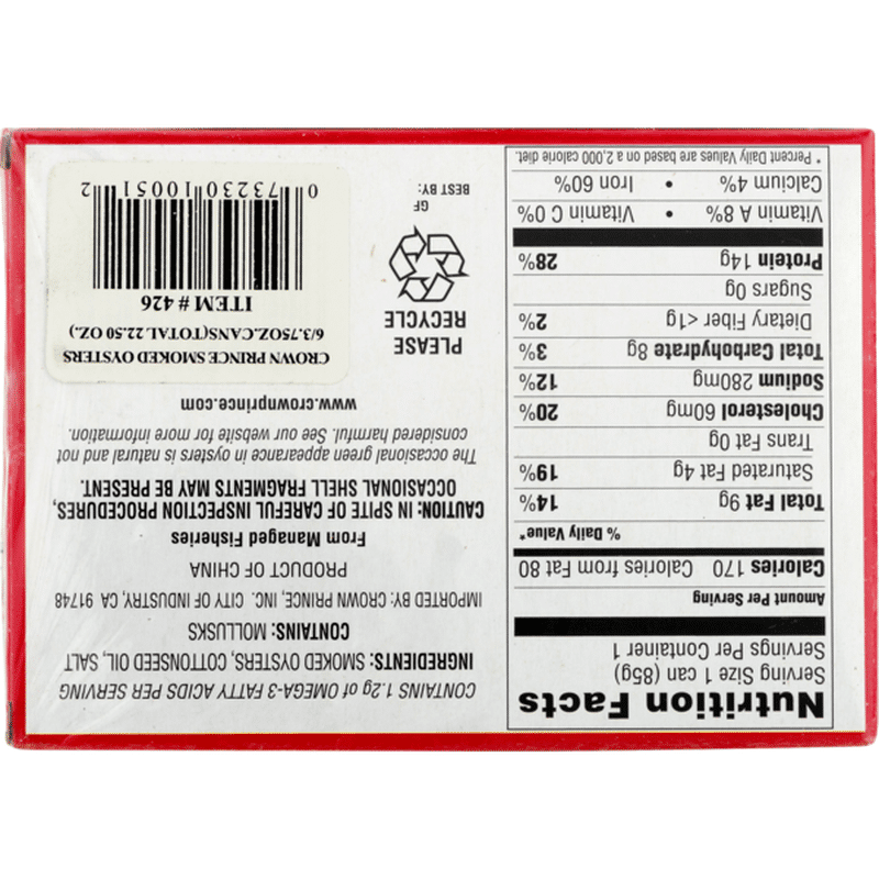 Crown Prince Fancy Whole Smoked Oysters In Cottonseed Oil 6 CT (3.75