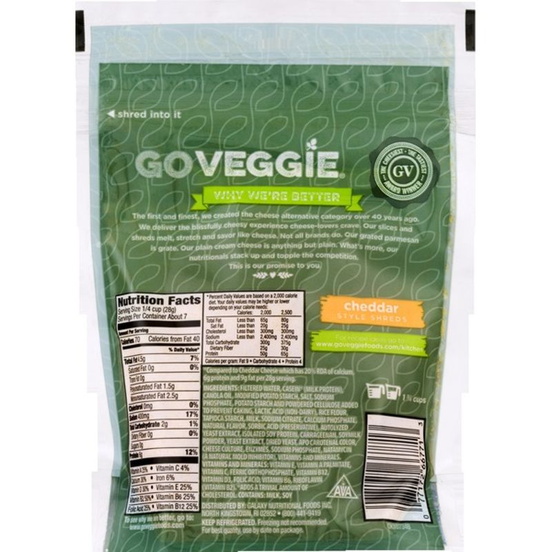 Go Veggie! Cheddar Flavor Shreds Pasteurized Process Cheese Food