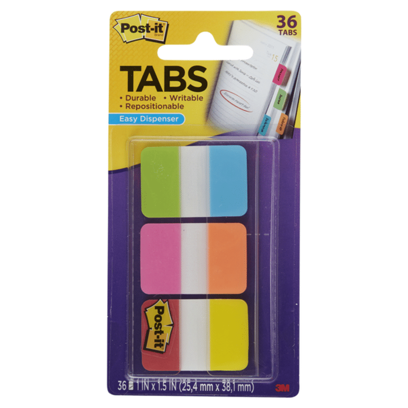 Post It 1" 6 Colors Solid Aqua Yellow Pink Red Green & Orange Tab Dispenser