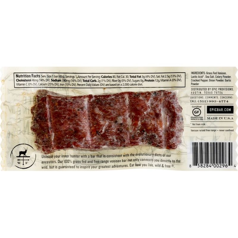 Epic Meat Bar, 100 Grass Fed, Venison, Sea Salt + Pepper (1.5 oz