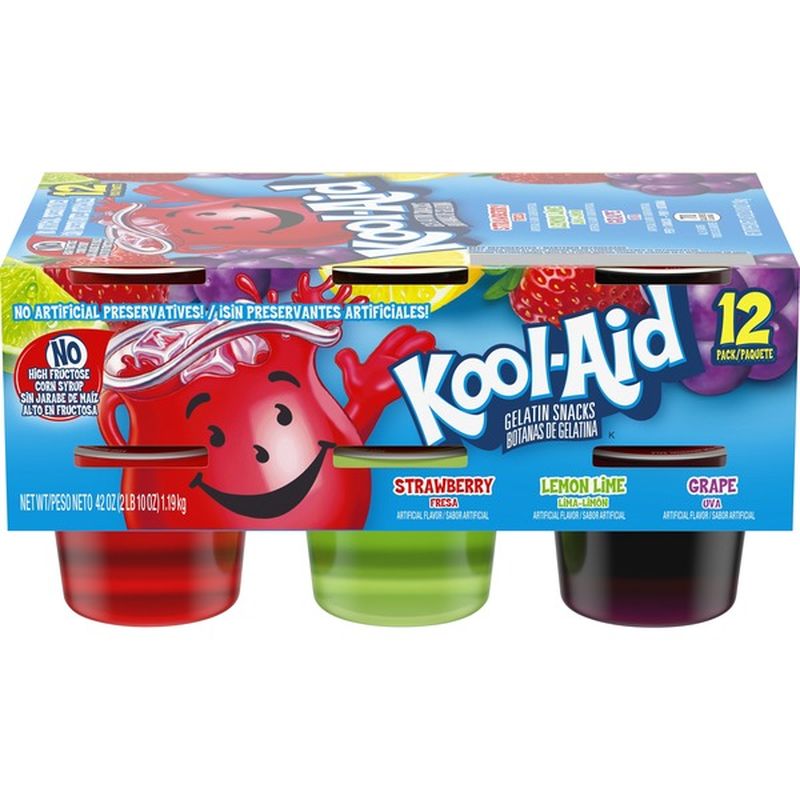 KoolAid SugarSweetened Strawberry, Lemon Lime & Grape Artificially Flavored JellO Readyto