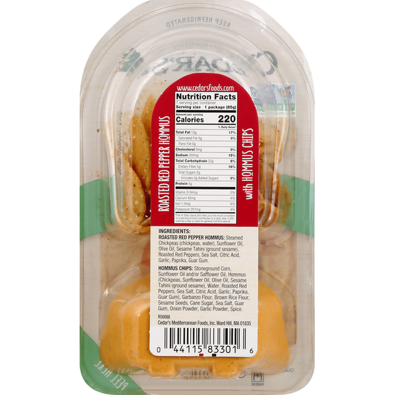 Cedar's. Snack Pack, with Hommus Chips, Roasted Red Pepper Hommus (3 oz
