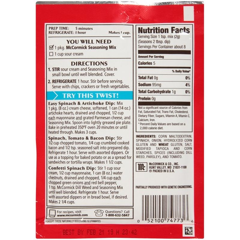 McCormick® Spinach Dip Seasoning Mix (0.62 oz) Instacart